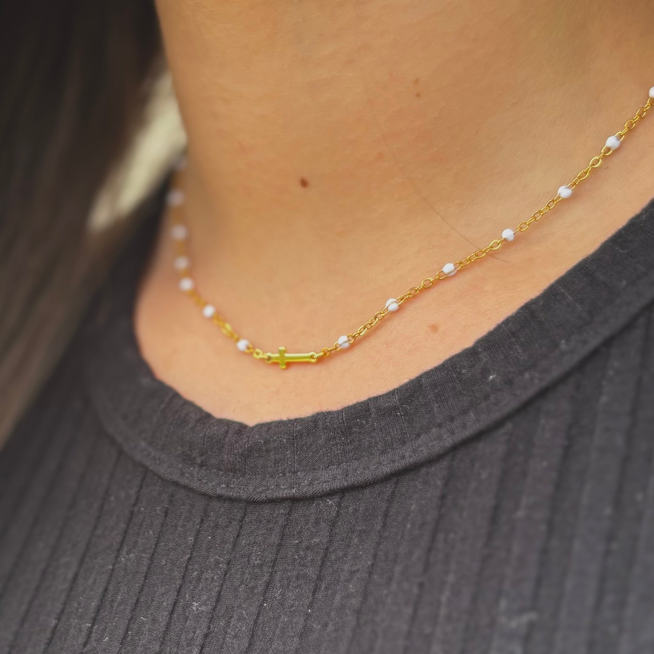 White Bead Cross Choker