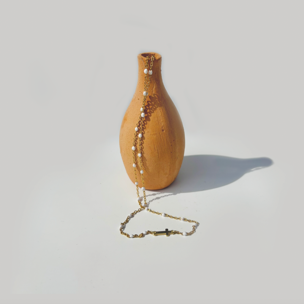 White Bead Cross Choker